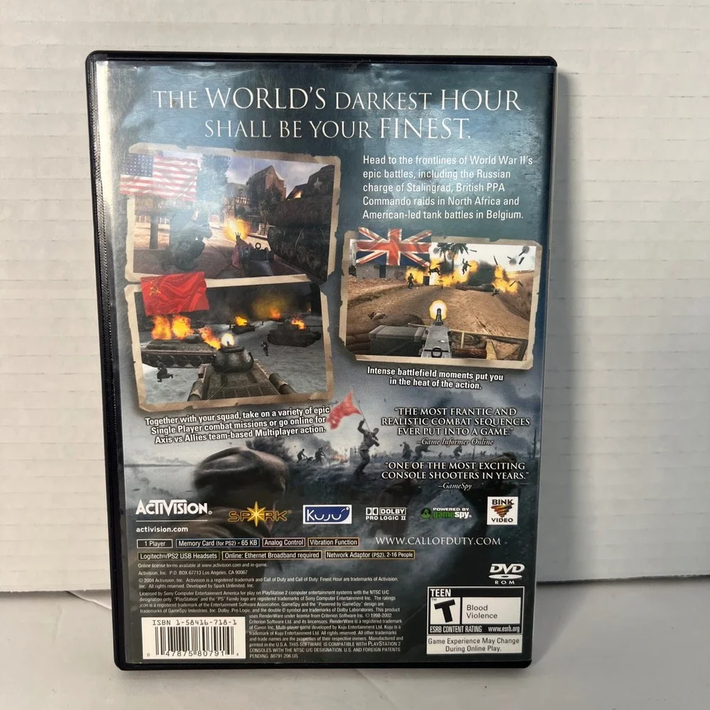 Call of Duty Finest‎ Hour Sony PlayStation 2 PS2 2004 Black Label CIB 3658